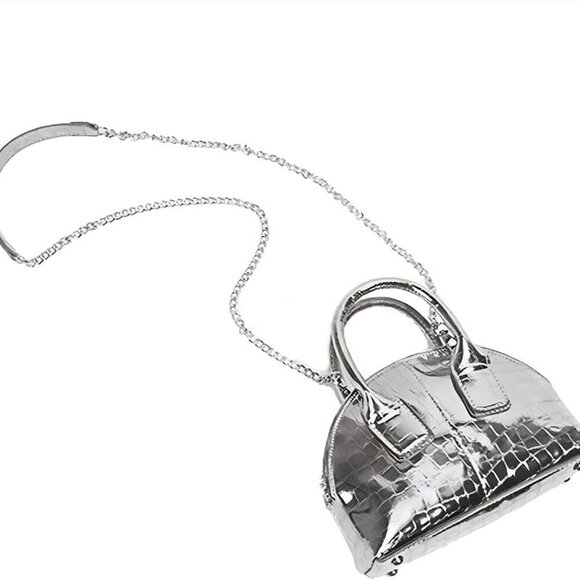 Mini Silver Crossbody Purse Leather Small Top Handle Pink Metallic Bag - Picture 7 of 7